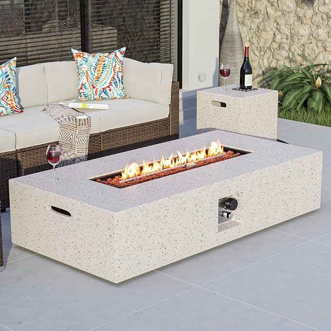 COSIEST 2-Piece Outdoor Propane Fire Table Set, Rectangle Concrete 56" Rectangular Fire Pit, CSA Certified, 50,000 BTU, w 20lb Tank Table,Waterproof Cover for Garden, Porch, Backyard