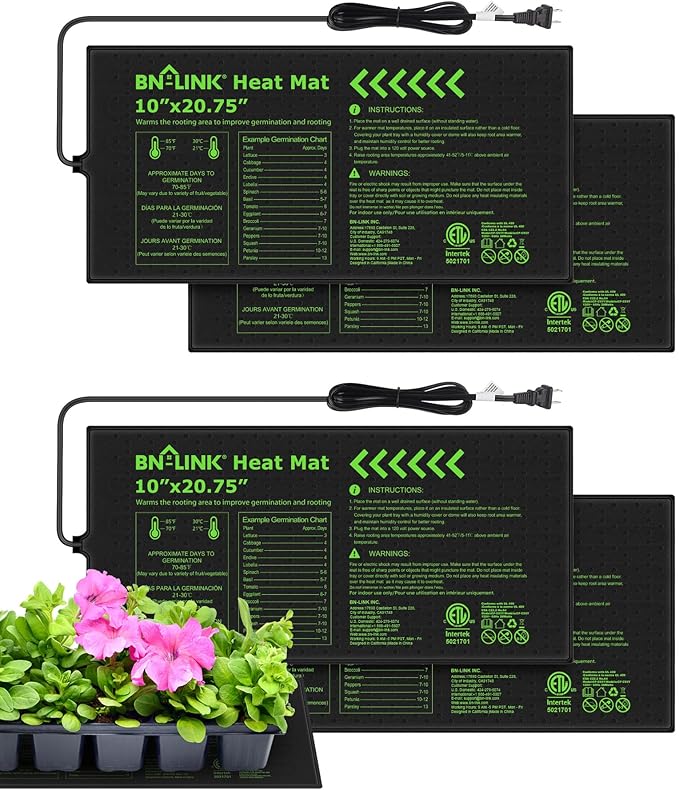 BN-LINK Durable Seedling Heat Mat for Seed Starting 10" x 20.75", 4 Pack Waterproof Warming Mat for Plants Germination, Plant Heating Pad for Indoor Growing, Hydroponic, Greenhouse, ETL Listed