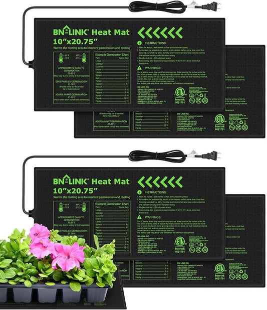 BN-LINK Durable Seedling Heat Mat for Seed Starting 10" x 20.75", 4 Pack Waterproof Warming Mat for Plants Germination, Plant Heating Pad for Indoor Growing, Hydroponic, Greenhouse, ETL Listed
