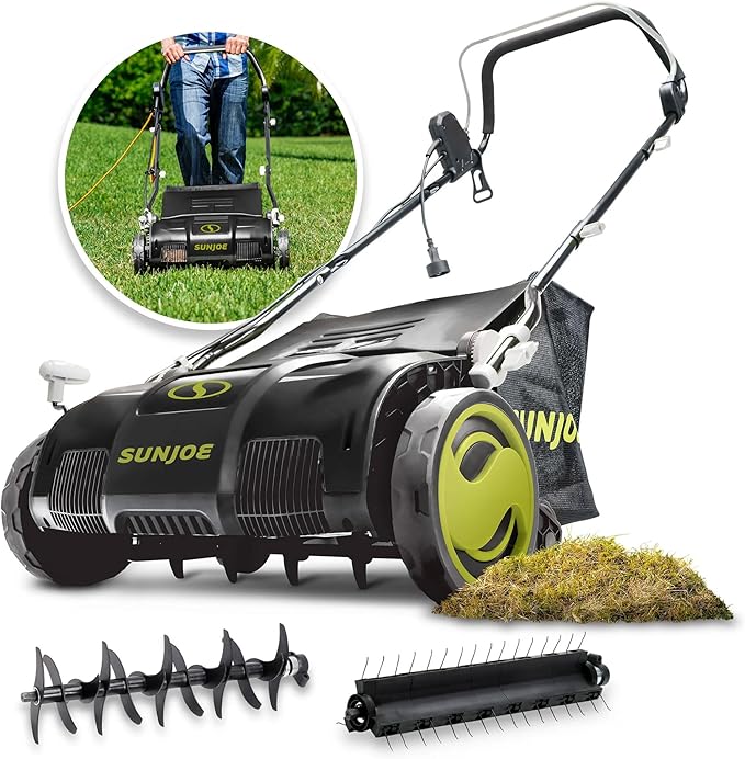 Sun Joe Electric Lawn Dethatcher & Scarifier with 13.2-Gal Bag, 13 Amp, 15 Inch, Black/Green - Heavy Duty Gardening Machine and Equipment for Lawn, Yard, and Grass, AJ805E