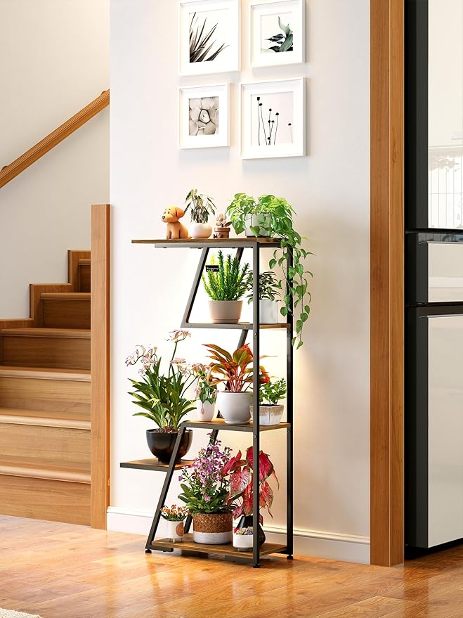 Plant Stand Indoor with Grow Lights: 5 Tier Small Corner Shelf Metal Tower Lighted Black Modern Display Rack for Living Room Bedroom Office