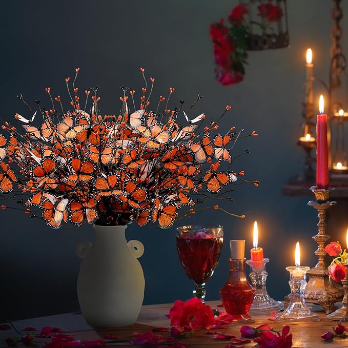 8 Pcs Monarch Butterfly Day of The Dead Decorations, Artificial Butterfly Picks Flower Bouquet for Altar Vase Filler Table Centerpiece Home Decor Halloween Floral Arrangements