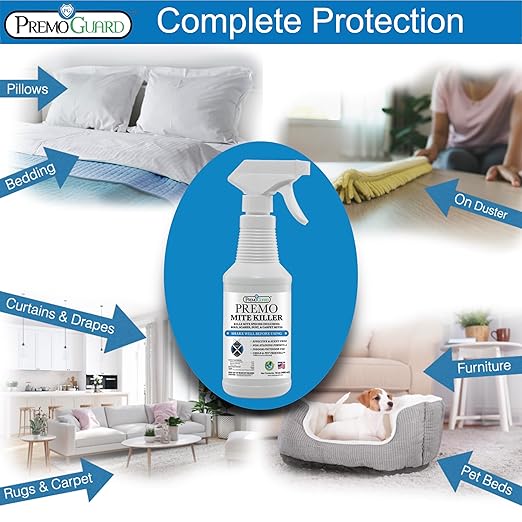 Premo Guard Mite Treatment Spray – 16 oz – Kills Dust, Scabies, Spider, Carpet, Bird, Mouse & Rat Mites in Home, on Furniture, Bedding – Natural Non-Toxic 100% Effective – Child & Pet Safe