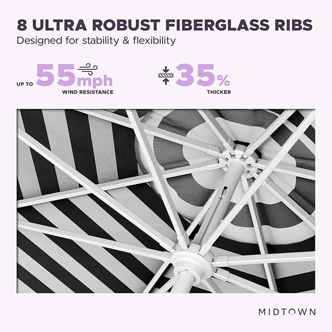 Midtown Umbrellas The Swilt 9 Feet Patio Umbrella in Terylast Zebra (Black/White Stripes) Polyester Fabric - Fiberglass Ribs, Auto-Tilt Aluminum Frame For Backyard, Deck, Garden, Pool - White Pole