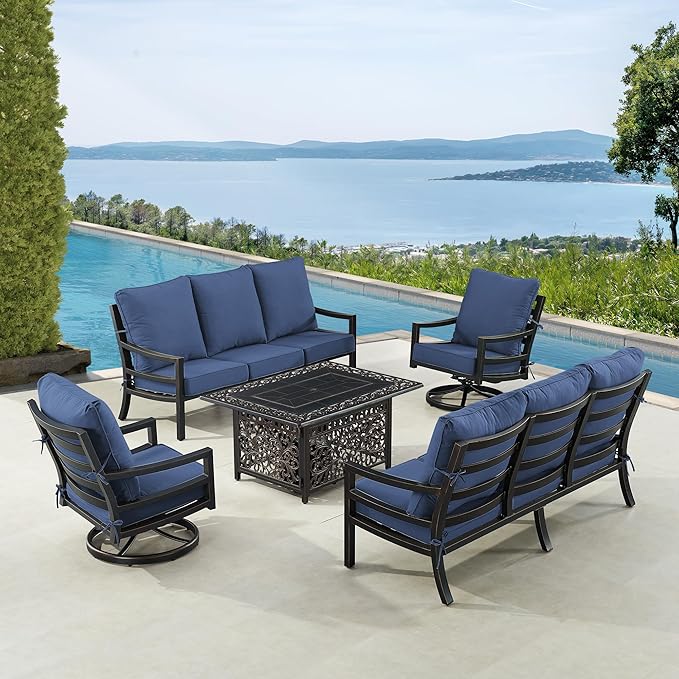 Oakland Living Black Aluminum Patio Fire Table Set with Two Deep Seating Sofa with Cushions and Two Club Chairs with Blue Cushions