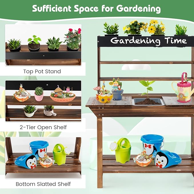 HONEY JOY Mud Kitchen, Fir Wood Kids Potting Bench Table, Removable Sink, 4 Planting Cups, Chalkboard, Outdoor Play Kitchen for Toddlers, Garden Time Mud Kitchen for Kids Outdoor Backyard