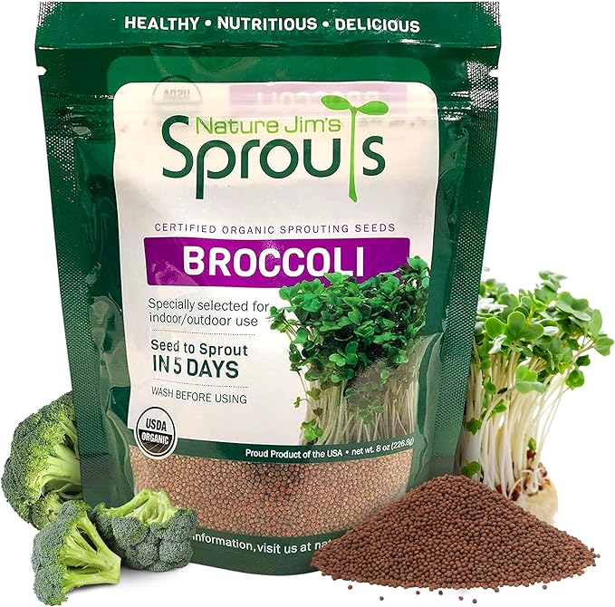 Nature Jims Sprouts Organic Broccoli Seeds for Sprouting – Certified Non-GMO, Rich in Sulforaphane, Swift-Growing Microgreen Seeds for Nutritious Broccoli Sprouts – Ideal for Indoor/Outdoor Use – 8oz