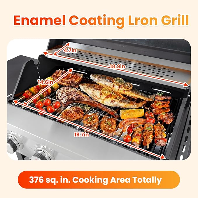 3-Burner Propane Gas BBQ Grill with Side Burner, Porcelain-Enameled Cast Iron Grates and Side Tables, 40,500 BTU Stainless Steel Grill for Outdoor Camping Barbecue Grilling Backyard Cooking