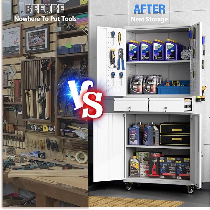 71" H Metal Garage Storage Cabinet with Wheels,Tool Storage Cabinet with Pegboard,2 Drawers and Lockable Doors for Garage, Warehouse,Home,Required Assembly,Grey and White