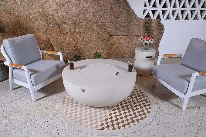 AMS Creations | Eclipse 44" Bundle Round Cast Concrete Propane Gas Fire Pit Bowl Table | Cream White | Smooth Texture Surface | Electronic Ignition | Outdoor Patio Heater Outside Backyard Fireplace