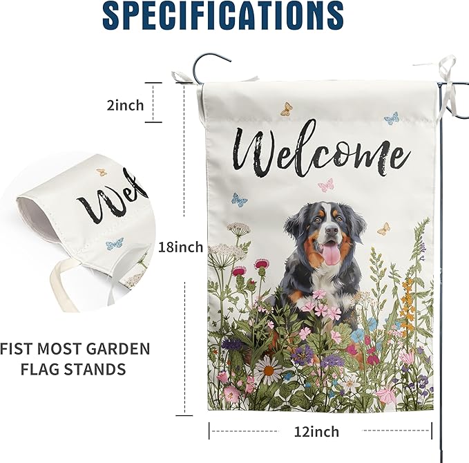 Spring Summer Garden Flag Floral Bernese Mountain Yard Flag Flower Dog Garden Flags for Outside Small Outdoor Welcome Flags 12x18 Double Sided