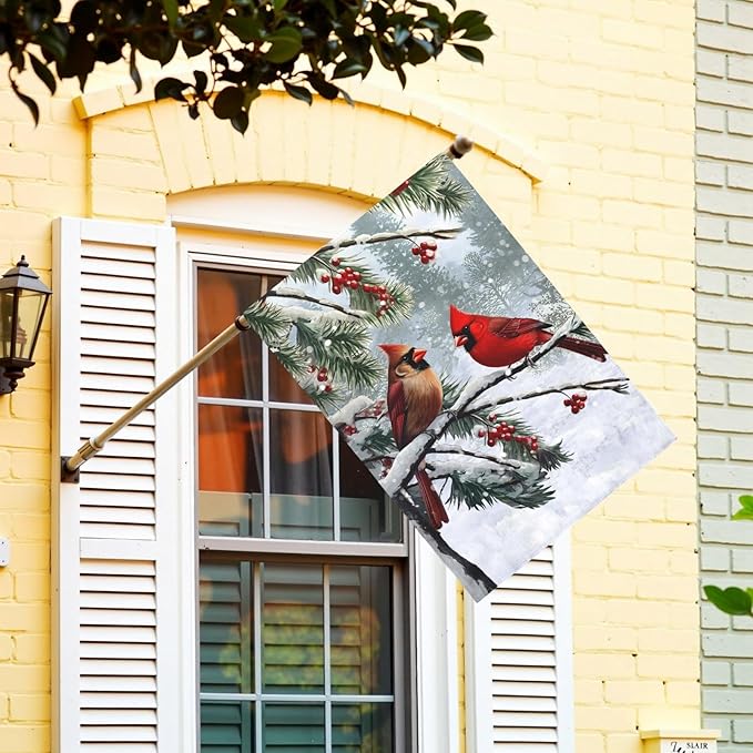 Winter Cardinal Bird Garden Flag Red Bird Pine Twigs Yard Flag Double Sided Polyester Holly Berry Snow Seasonal House Banner for Outdoor Farmhouse Christma Holiday Decor 28 x 40 Inch