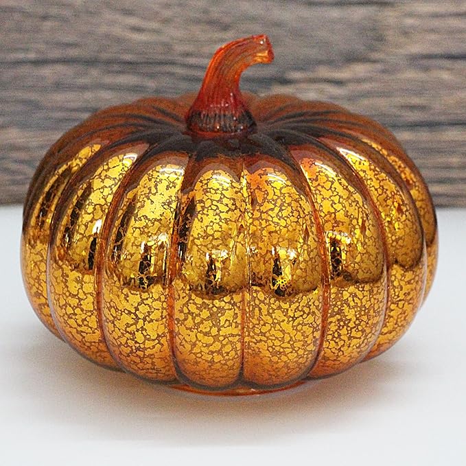 Mercury Glass Pumpkin Lights with Timer, Battery Operated Led Pumpkin Lights for Halloween Fall,Thanksgiving Rustic Decor (Gold Common, 6")