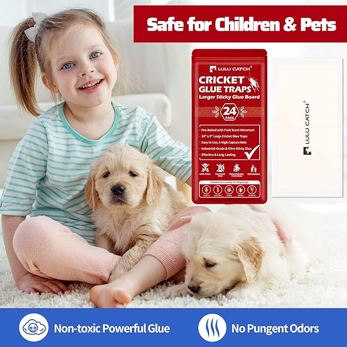 LULUCATCH Cricket & Insect Glue Traps 24 Pack, Adhesive Bug Catcher, Pre-Baited Spider Scorpion Trap, Non-Toxic Glue Boards Indoor for Home Catching Bugs,Small Mice & Rodents, Pet Safe Pest Control