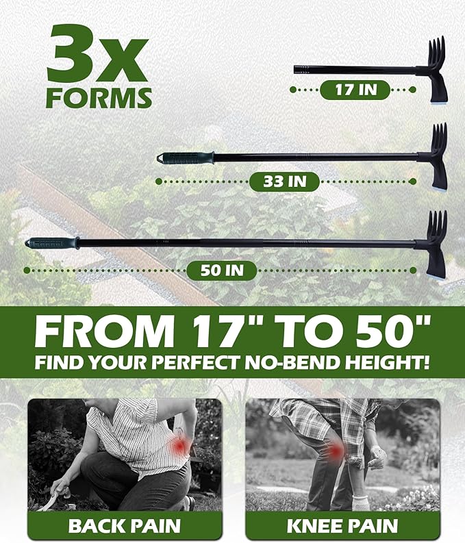 5-in-1 Garden Hoe - Adjustable 37" to 50" Handle, 5 Tool Heads, Heavy-Duty Weeding, Cultivating, and Raking Tool for Gardening, Camping, and Outdoor Use