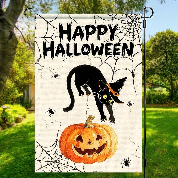 Garden Flags 12x18 Inch Halloween Black Cat Pumpkin Spider Web Design Fall Outdoor Banner Holiday Yard Decoration for Porch Lawn Garden Party Display Sign