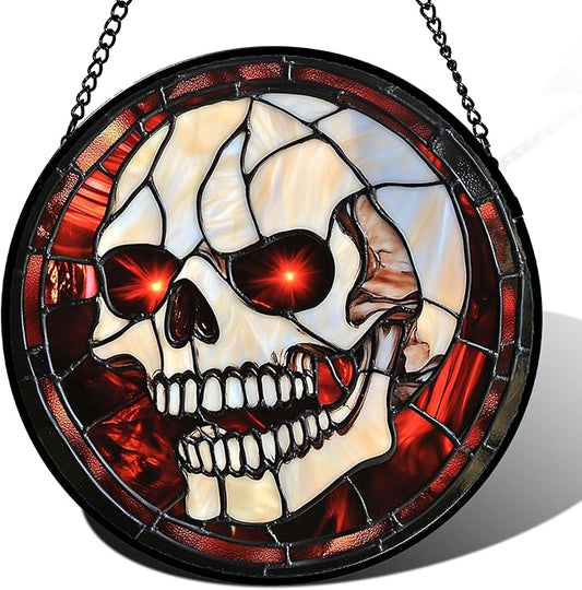 Stained Glass Window Hanging - Halloween Decorations White Skeleton Suncatcher for Doors Garden Indoor Spooky Funny Red Sun Catchers Gothic Decor Horror Gifts for Women Men Friend 15 in