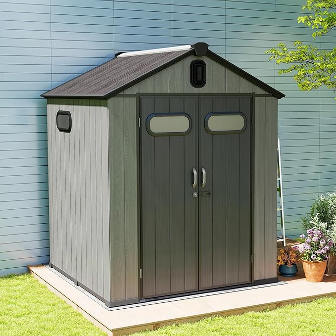 Domi 6x4FT Resin Outdoor Storage Shed with Lockable Door, Waterproof Outside Sheds with Windows & Vents, Heavy-Duty Plastic Tool Storage Shed for Patio Furniture, Lawn Mower, Bike