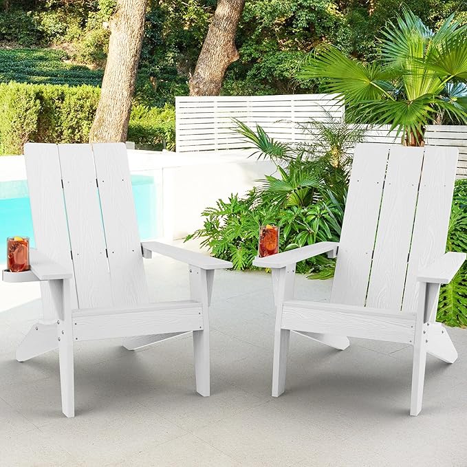 MXIMU Modern Adirondack Chairs Set of 2 Weather Resistant with Cup Holder Oversize Plastic Fire Pit Chairs Adorondic Plastic Outdoor Chairs for Firepit Area Seating (White)