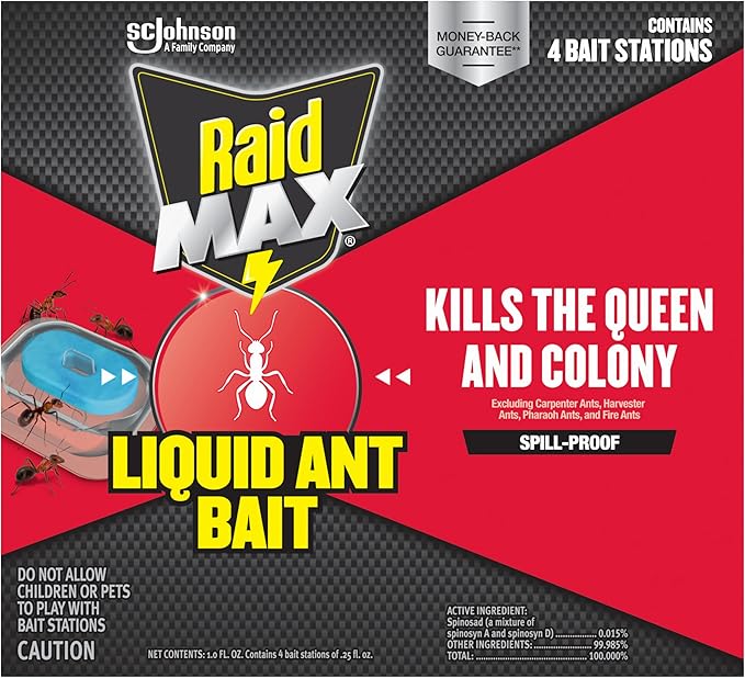 Raid Max Liquid Ant Bait; Kills Ants Where They Breed, for Indoor and Outdoor Use; 4 Bait Stations