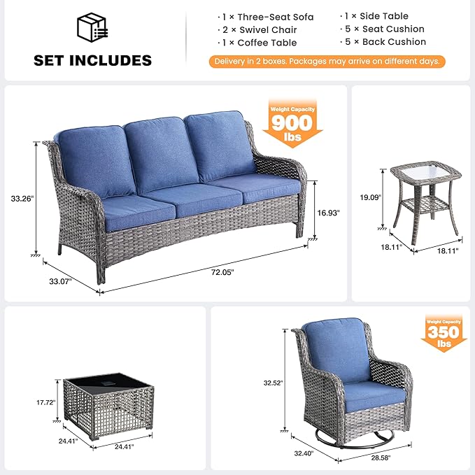 ovios 5 Pieces Patio Furniture Set, Outdoor Wicker Sofa Couch with Swivel Chairs Solar Lights Table, All Weather High Back Modern Conversation Sets, Grey Rattan, Denim Blue