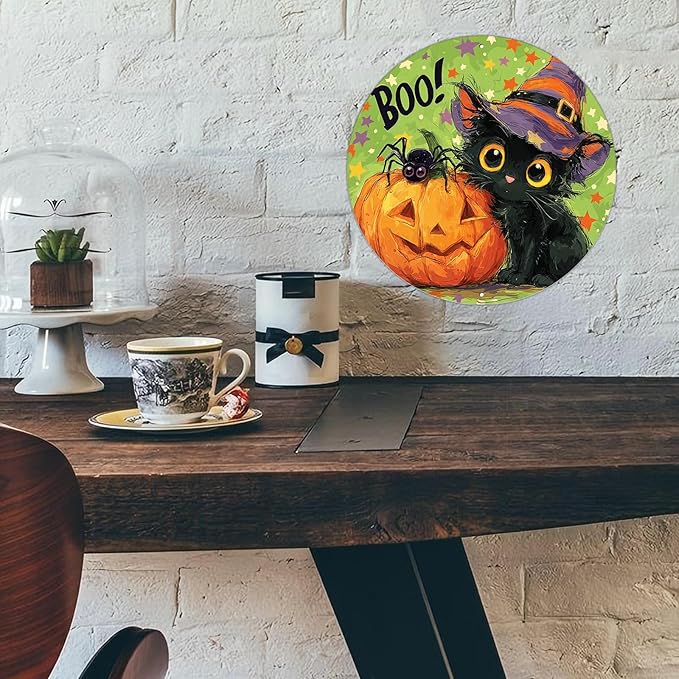 PEACHGARDEN Halloween Black Cat Round Metal Tin Sign Vintage Boo Decor Pumpkin Retro Wall Art Plaque Iron Painting 12x12inch