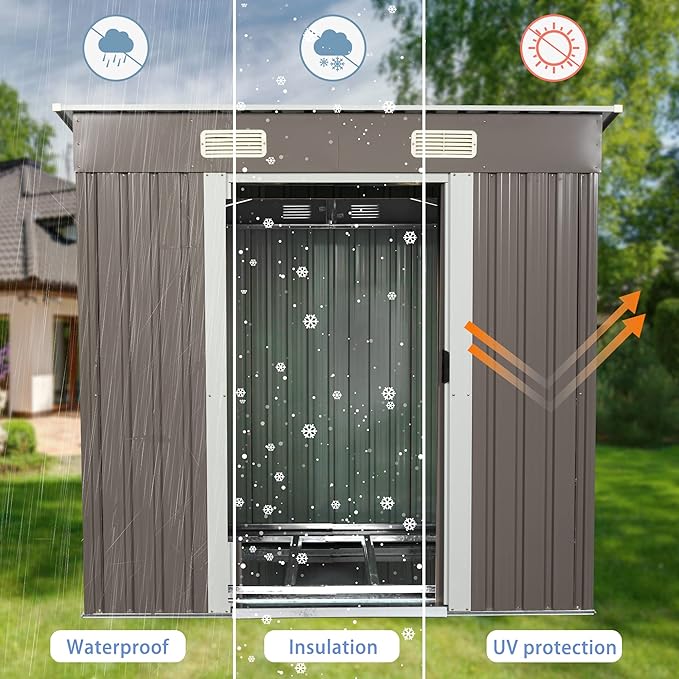 6X4 FT Outdoor Storage Shed, Waterproof Metal Garden Sheds with Lockable Door, Steel Tool Storage Buildings Shed & Outdoor Storage House for Garden, Backyard, Patio, Lawn, Trash Cans(Gray)