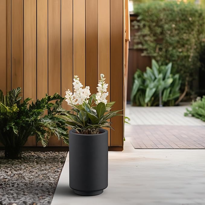 Kante 15.7 Inch Tall Concrete Planter, Round Pedestal Design Garden Pot for Indoor Outdoor Plants, Modern Garden Pot with Drainage Hole, Black Finish with Warm Brown Interior