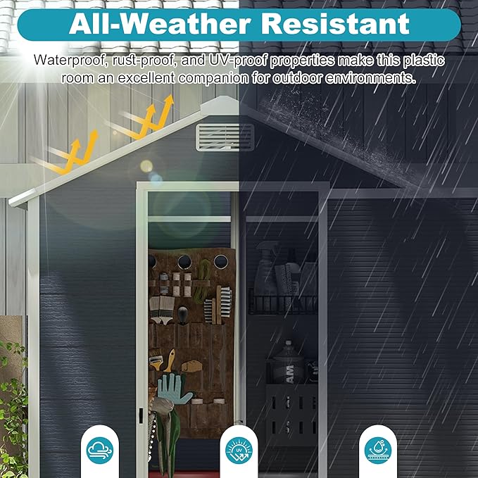 4x8 FT Plastic Outdoor Storage Shed, Resin Plastic Tool Shed with Lockable Doors & Peaked Roof, Garden Shed with Side Window & Floor, for Backyard Garden Patio Lawn, Dark Gray