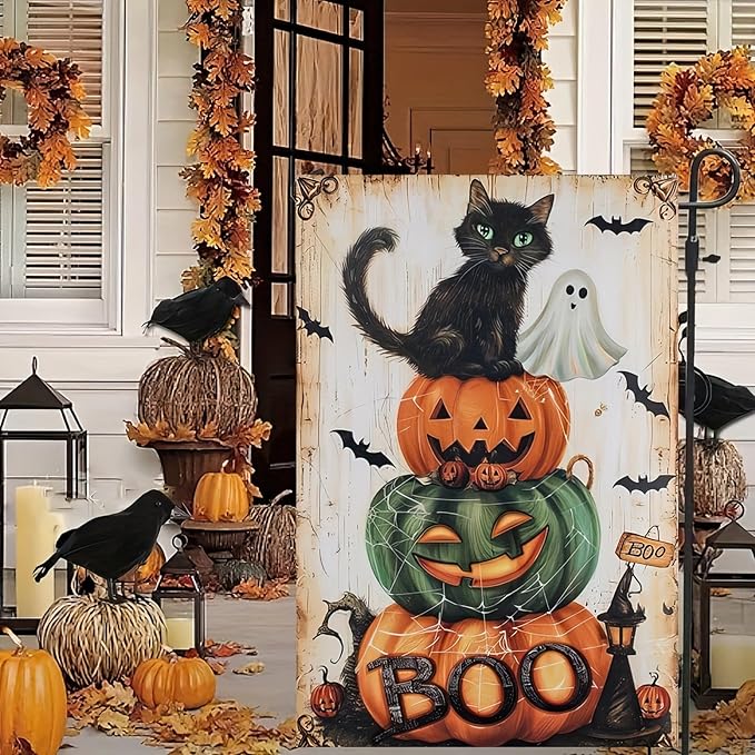 Halloween Boo Black Cat Garden Flag 12x18 Double Sided Pumpkin and Spooky Ghost Cat Welcome Garden Flag Halloween Yard House Flags Jack O'Lantern Seasonal Holiday Decorative Flag