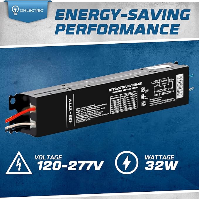 OHLECTRIC Replacement for Sylvania Ballast QTP 2X32T8/UNV ISN-SC, Philips ICN-2P32-N, Keystone KTEB-232-UV-IS-N-P, for 2 Fluorescent T8 Lamps - 120-277V - 32 Watt