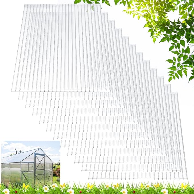 Tatuo 24 Pack 4' X 2' X 0.16'' Polycarbonate Greenhouse Panels Polycarbonate Sheets Twin-Wall Roof Panels Waterproof UV Protected Clear Corrugated Plastic Roofing for Greenhouse Replacement