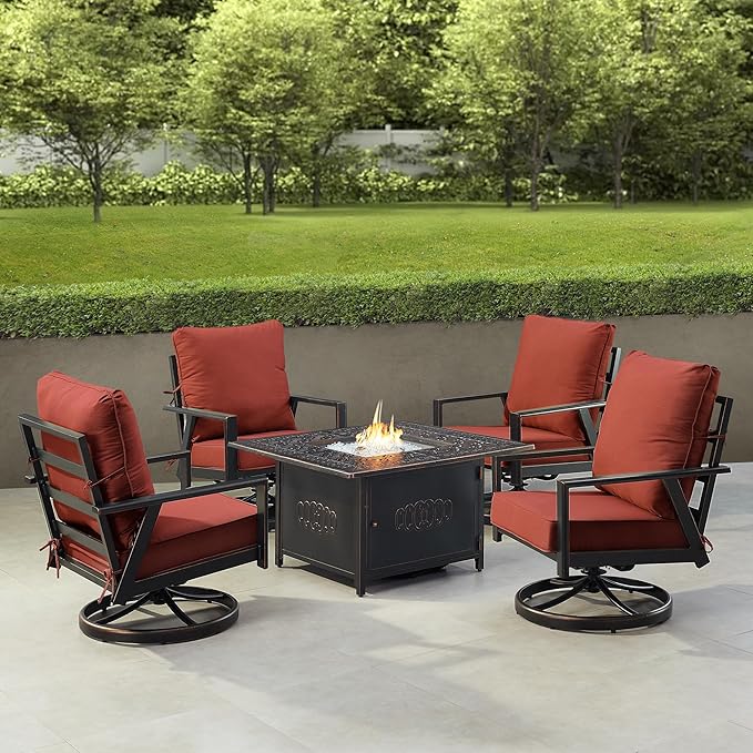 Oakland Living Black Aluminum Patio Fire Table Set with Four Club Chairs with Red Cushions