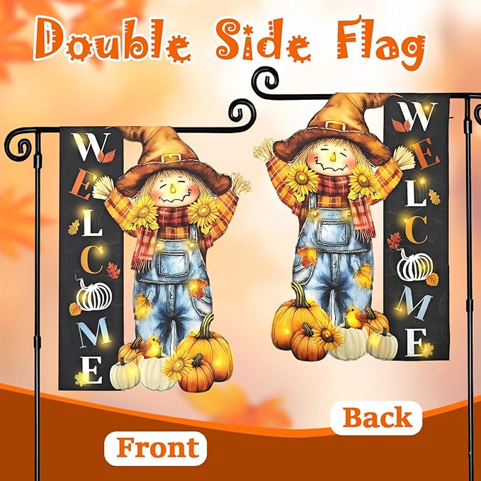 Thanksgiving Lighted Garden Flag, Solar Fall Outdoor Decor Yard Flag,8 Modes 12x18 Double Sided Led Scarecrow Flag Decorations for Home Porch