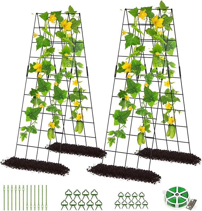 DoCred Cucumber Trellis, 59" High 2 Pack Foldable A Frame Trellis for Raised Bed Climbing Plants, Vegetables, Includes Plant Support Clips, Twist Ties, Plastic Ties- Made from PVC-Coated Steel