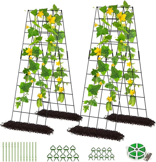 DoCred Cucumber Trellis, 59" High 2 Pack Foldable A Frame Trellis for Raised Bed Climbing Plants, Vegetables, Includes Plant Support Clips, Twist Ties, Plastic Ties- Made from PVC-Coated Steel