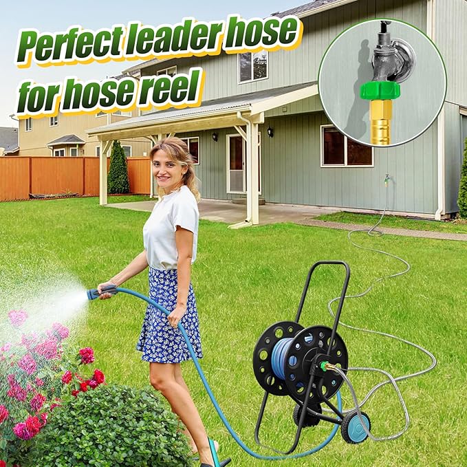 Garden Hose with Female to Female Connector - 25ft Metal Leakproof Leader Hose for Reel, Heavy Duty 304 Stainless Steel Flexible Water Pipe for Outdoor Garden Watering Car Pet Cleaning