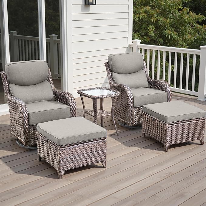 Wicker Outdoor Patio Furniture Set - 5 Piece Patio Conversation Sets with Swivel Rocker Chairs, Ottomans and Side Table, 6 inch Cushions, Waterproof Wicker, for Porch Deck Brown/Beige