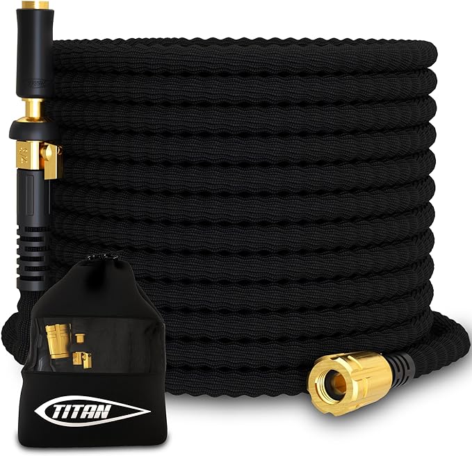 TITAN Flexible Garden Hose 20FT – Ultra Lightweight, Heavy Duty Water Hose with Brass Fittings & Jet Nozzle – Kink-Free, Non-Expanding, Durable Fabric Hose for Yard, Lawn, Car Wash, Outdoor Use