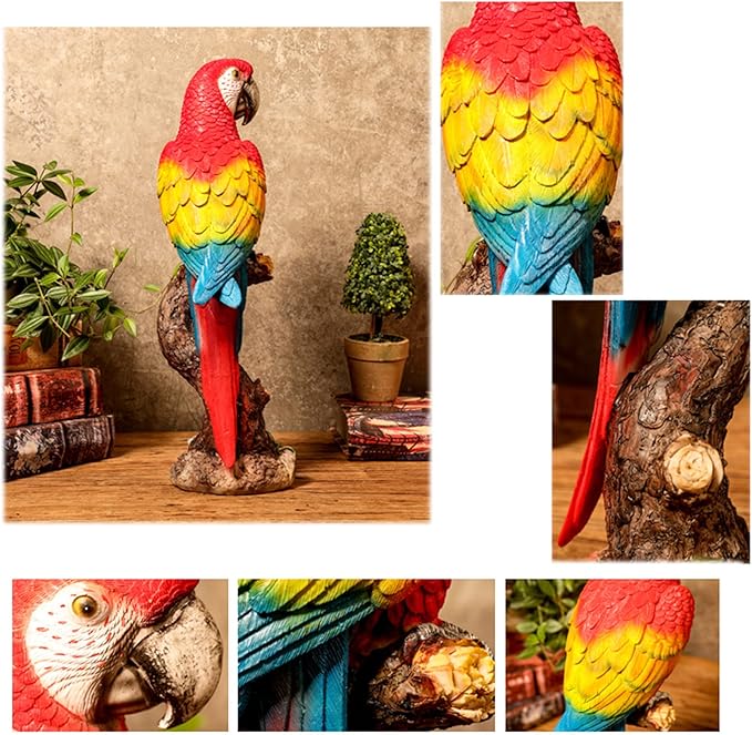 Macaw Parrot Tree Hugger Garden Statue, Resin Parrot Figurine - Lifelike Tropical Bird Sculpture for Patio Lawn Yard Home Desktop Decoration - Red