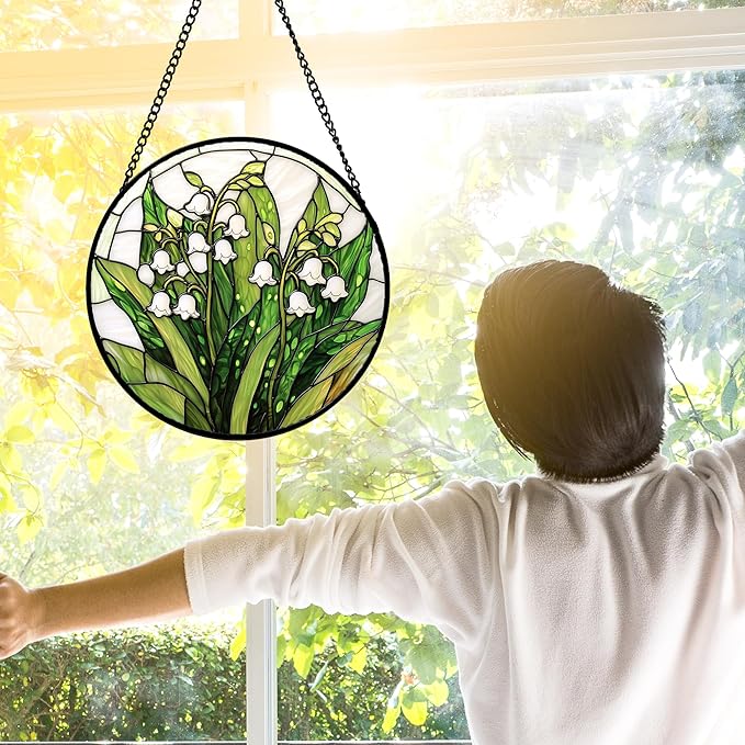 Stained Glass Window Hanging, Lily of The Valley Flower Sun Catchers Colorful Glass Panel Green Plants Suncatcher Decor for Birthday for Women,Men,Wife, Lovers, and Mom 11.8 in