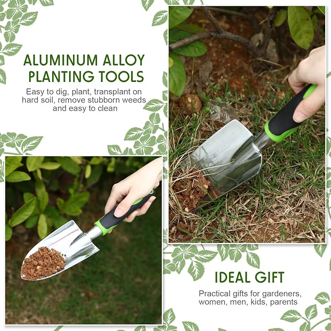 2 Pcs Garden Trowel Hand Shovel Tool Soil Scoop with Soft Rubberized Non Slip Handle Aluminum Alloy Potting Shovel for Digging Planting (Yellow, Green)