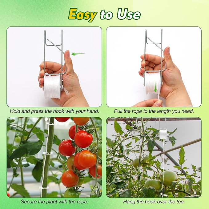 Coitak 20PCS Tomato Roller Hooks with 200PCS Tomato Support Clips, Plant Climbing Hook with 50ft String for Tomato Flower Vine Crop Trellis Kit