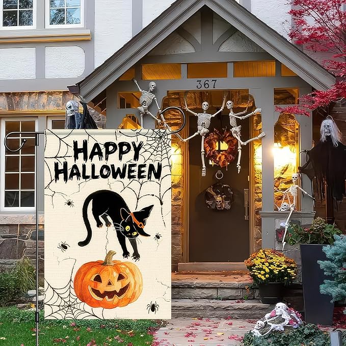 Garden Flags 12x18 Inch Halloween Black Cat Pumpkin Spider Web Design Fall Outdoor Banner Holiday Yard Decoration for Porch Lawn Garden Party Display Sign