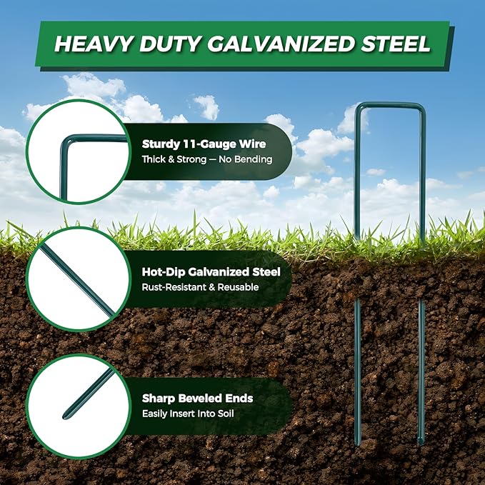 50pcs 6 Inch Green Artificial Turf Stakes Staples+50pcs Washers+Pick Hook+Rubber Mallet, 11 Gauge Landscape Staples, Galvanized Lawn Spikes Yard Ground Pin for Artificial Grass Weed Barrier Sod Fabric