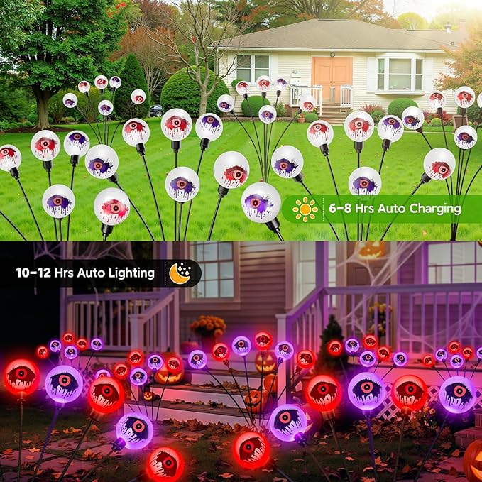 Halloween Decorations Outdoor Lights, 6 Pack 36LEDs Purple and Orange Solar Halloween Lights, Waterproof Swaying by Wind Spooky Solar Eyeballs Light for Yard Garden Party Halloween Decor