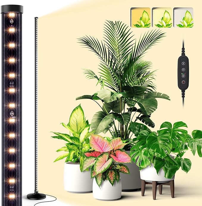 Standing Grow Light for Indoor Plants, Vertical Grow Light with 3 Light Modes, Wide Illumination and Dimmable, T10 Full Spectrum Floor Grow Lights, 16in-65in Adjustable Height & Auto Timer