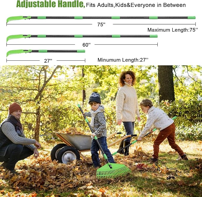 Poly Garden Rake for Leaves - 16.5'' Plastic Leaf Rake for Yard Lawn, 75'' Adjustable Outdoor Heavy Duty Rakes for Sweep Leaves,Grass, Pine Needle,Lightweight Long Handle for Women Seniors Kids