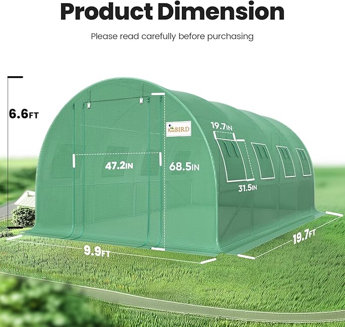 KING BIRD Premium 20x10x6.6FT Greenhouse for Outdoors, Large Walk-in Heavy Duty Galvanized Steel Frame, Mesh Door Screen Window Upgraded Zipper Tunnel Hoop for Garden Plant Winter, Green