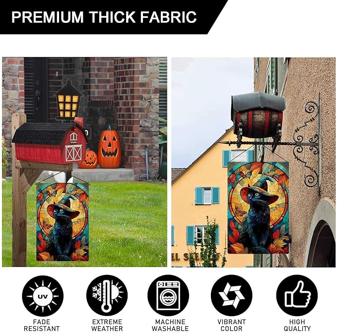 Halloween Wizard Cat Garden Flag Stained Glass Style Holiday Garden Flag Vertical Double Sided Rustic Farmland Burlap Yard Lawn Outdoor Decor 12.5x18"